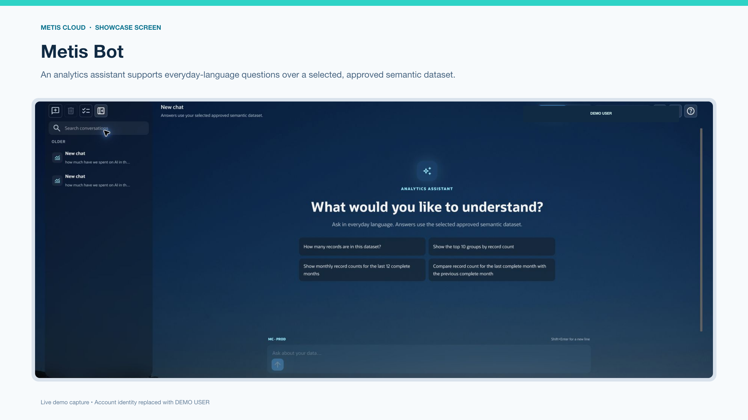 Metis Bot assistant workspace with suggested questions over a selected approved semantic dataset.